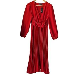 Amazon Seta T Elegant Wrap V-Neck Long Sleeve Slim Pleated Long Dress with Belt